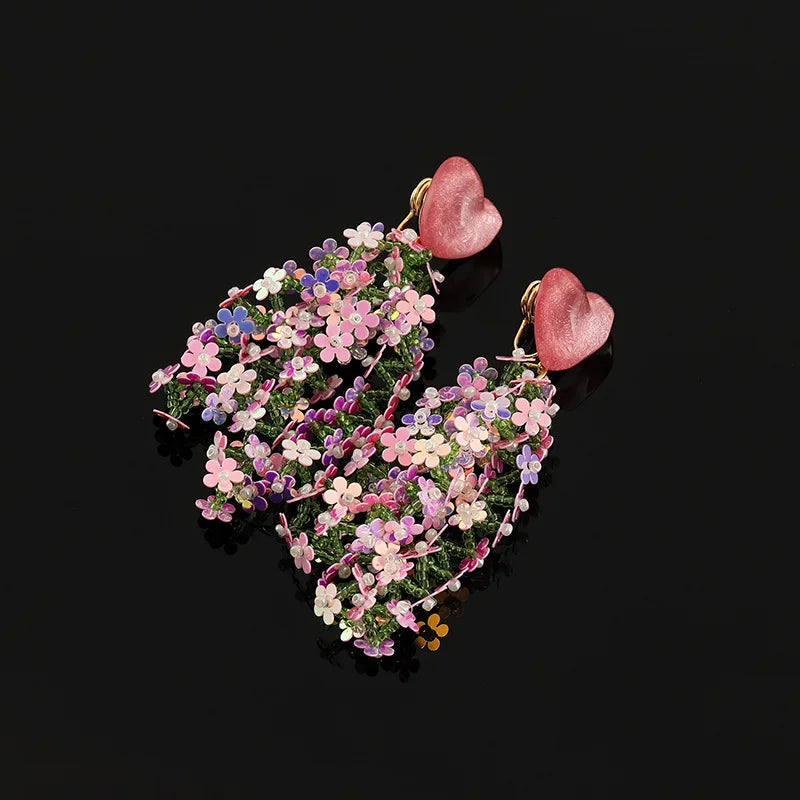 Pink Purple Sequin Flower Alloy Long Tassel Stud & Clip On No Piercing Elegant Heart Drop Earrings