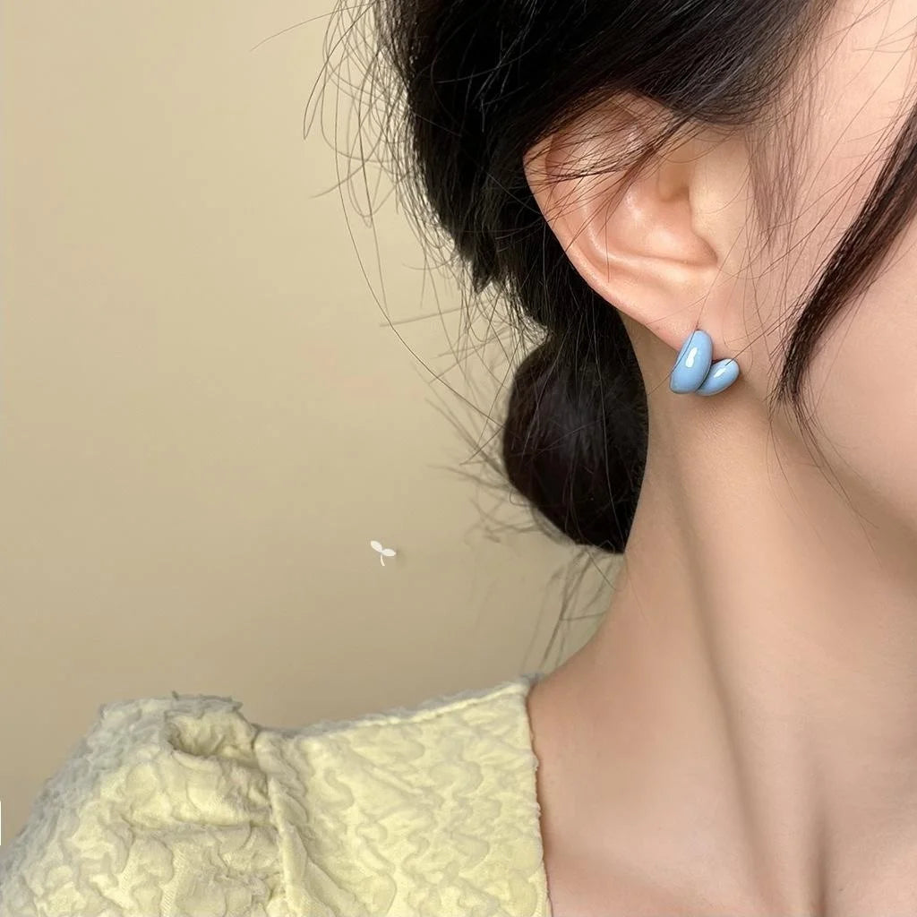 Blue Enamel Line Geometric Stud Earrings, Two-Way Minimalist Copper Ear Jewelry