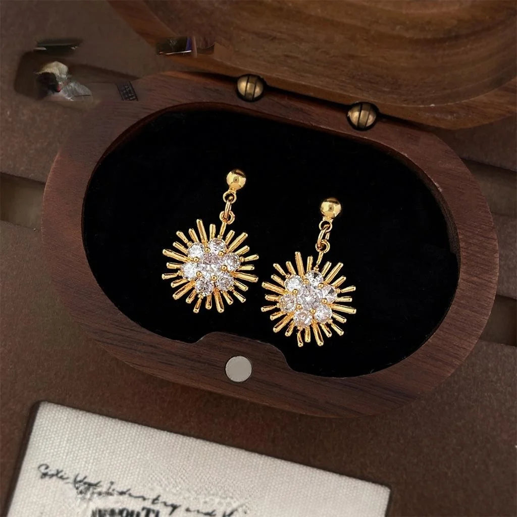 Luxury Copper Zircon Sunflower Drop Earrings Minimalist Geometric Floral Jewelry