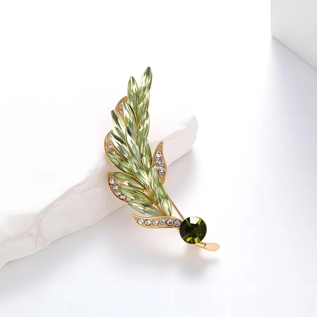 Elegant Wheat Stalk Brooch With Green Crystal Glass Leaves And Rhinestones, Luxury Lapel Pin Corsage Gift