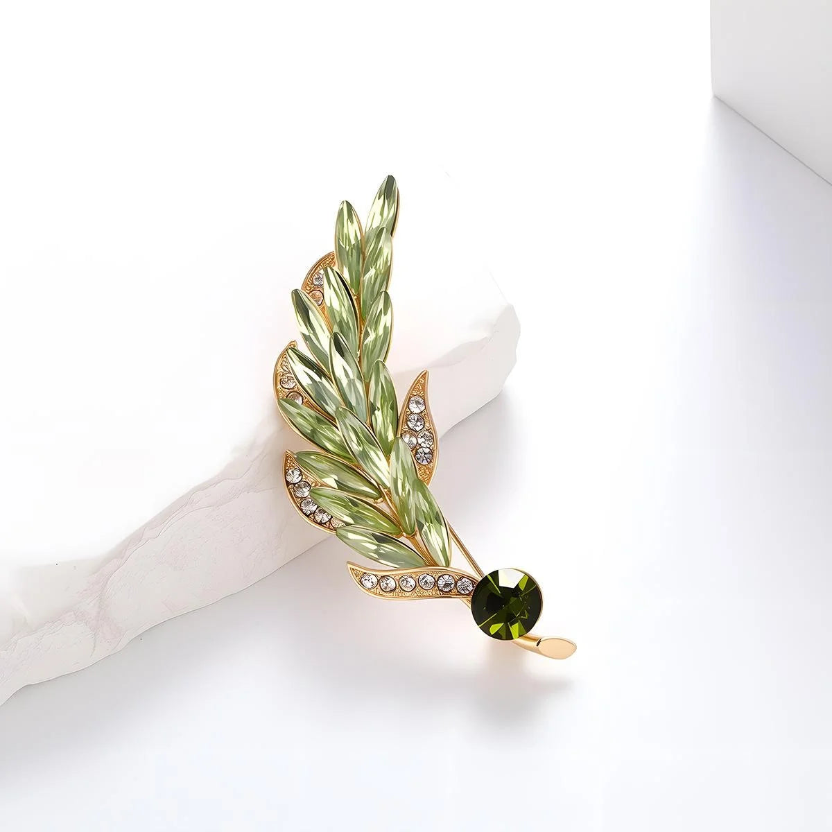 Elegant Wheat Stalk Brooch With Green Crystal Glass Leaves And Rhinestones, Luxury Lapel Pin Corsage Gift