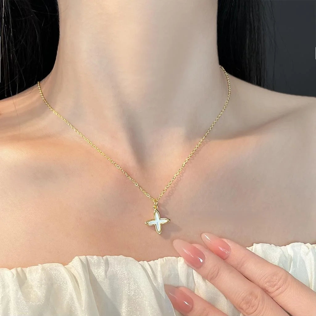 18K Gold Plated Shell Flower Star Pendant Necklace For Women, Minimalist Luxury Collarbone Chain
