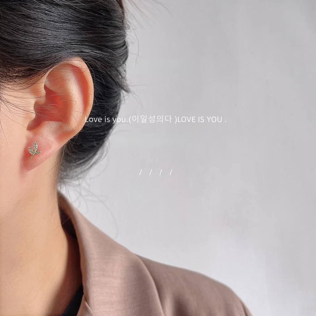 Minimalist Copper Micro Pave Zircon Olive Branch Leaf Stud Earrings For Women