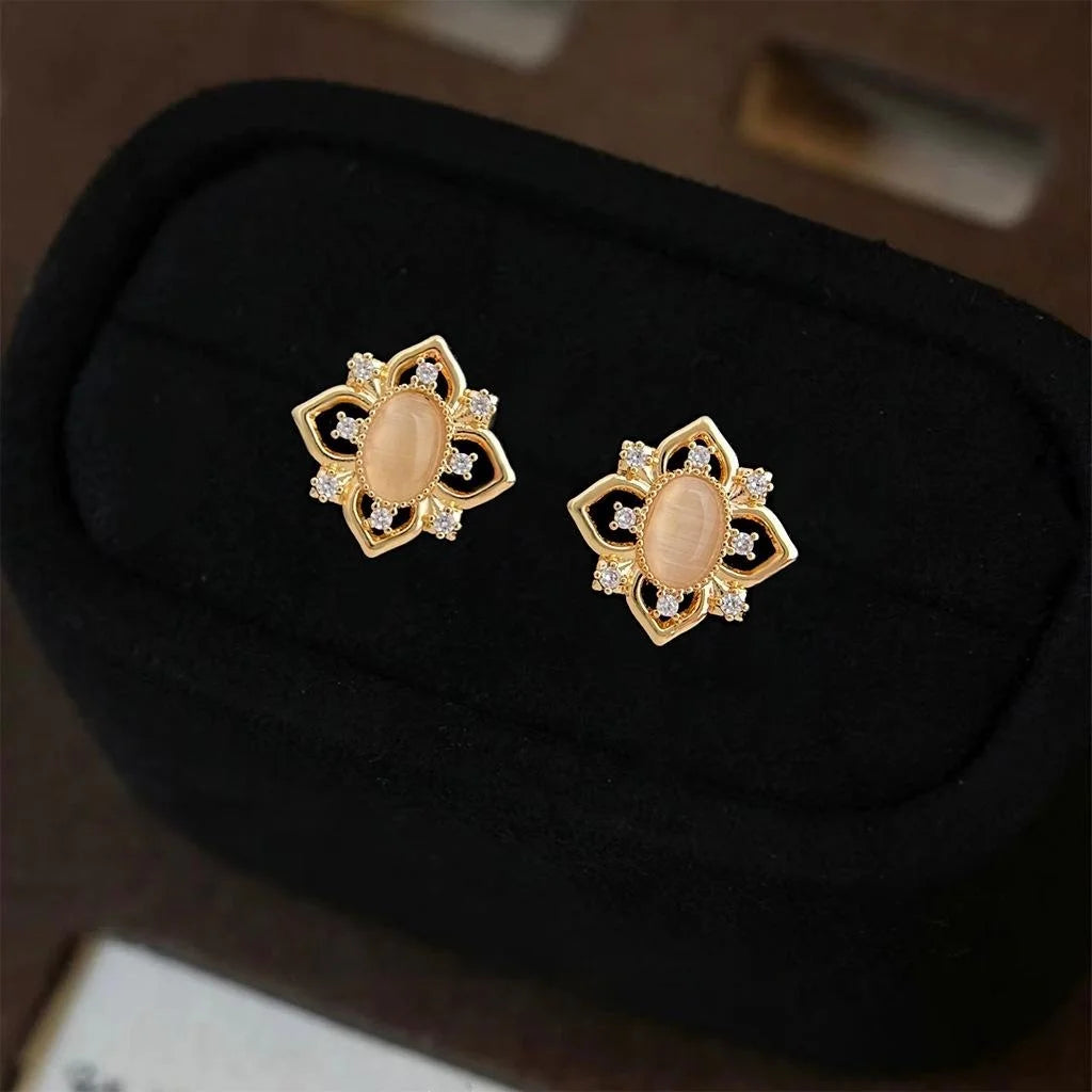 Light Luxury 14K Plated Copper Geometric Hollow Stud Earrings With Zircon Glass Cat Eye Stones