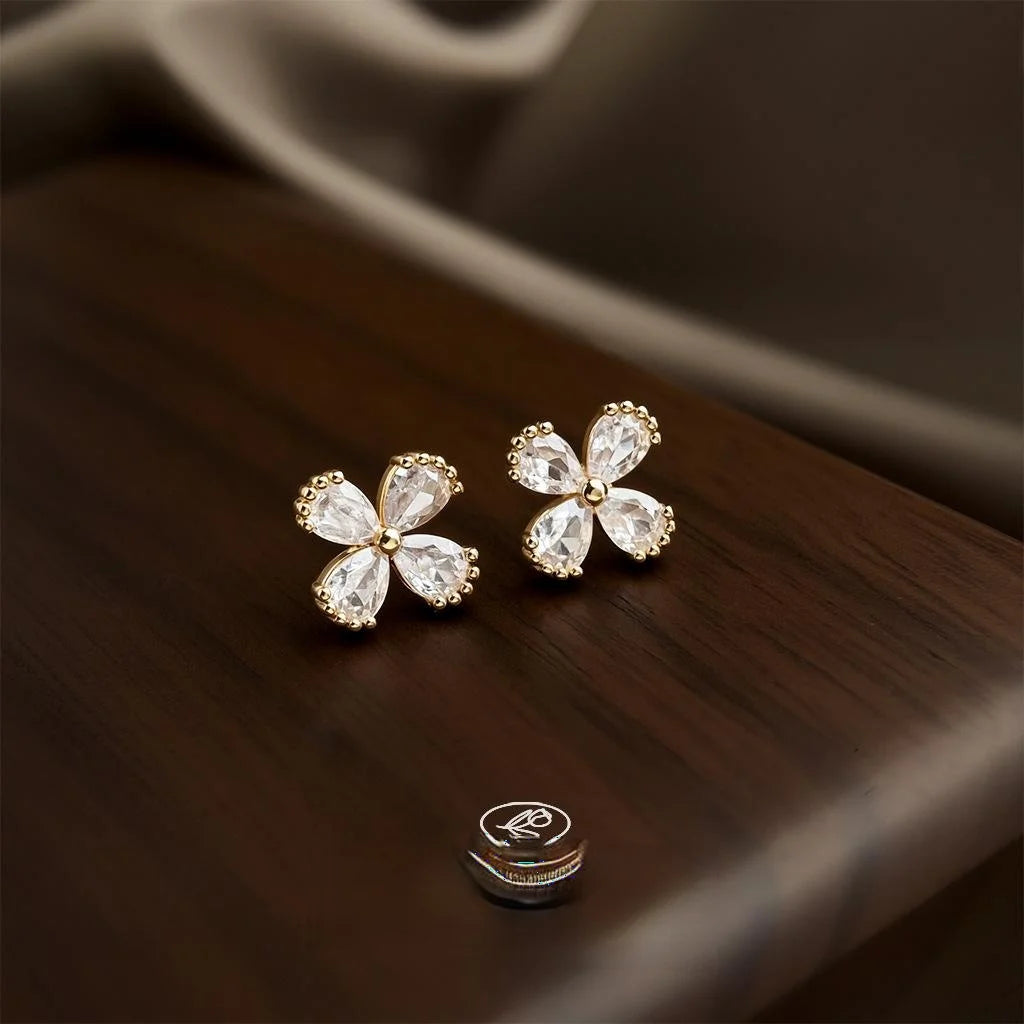 Mini 14K Plated Zircon Flower Petal Stud Earrings For Women Simple Commuter Jewelry