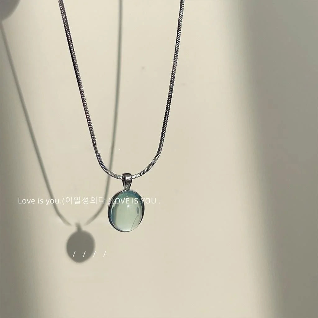 Copper Aquamarine Color Oval Geometric Necklace Elegant Transparent Collarbone Chain