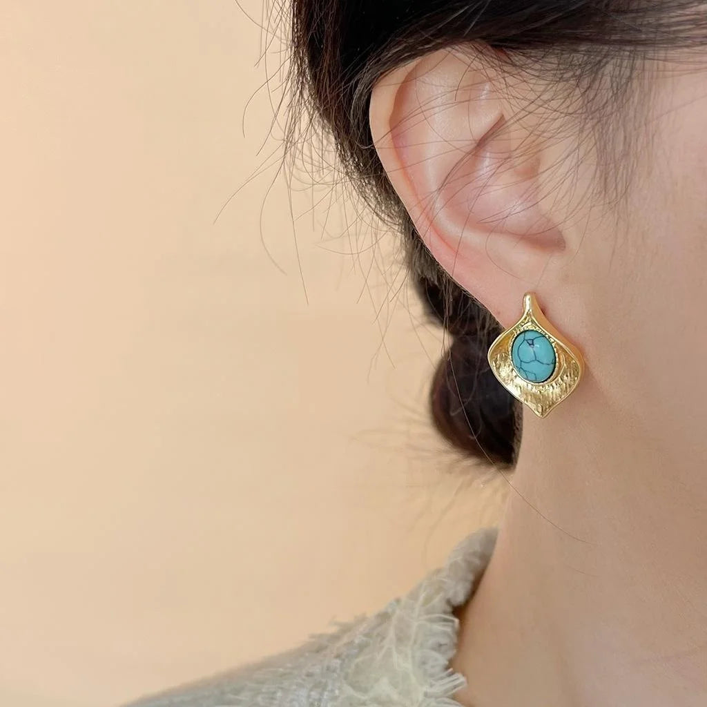 Vintage 14K Gold Plated Synthetic Turquoise Leaf Geometric Stud Earrings