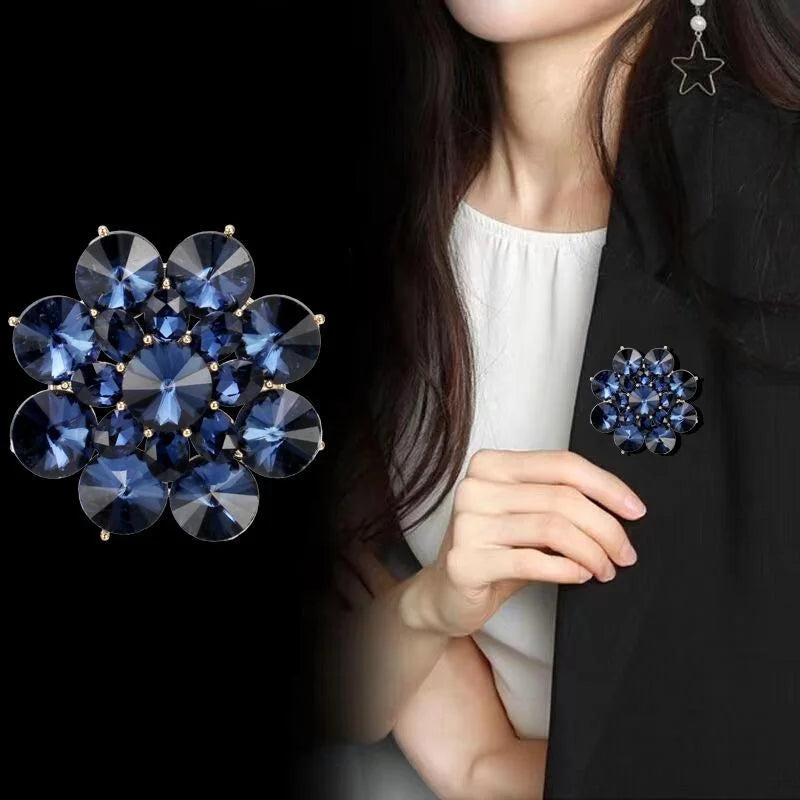 Luxury Blue Rhinestone Sunflower Zinc Alloy Brooch, Elegant Floral Lapel Pin Corsage Suit Accessory Gift