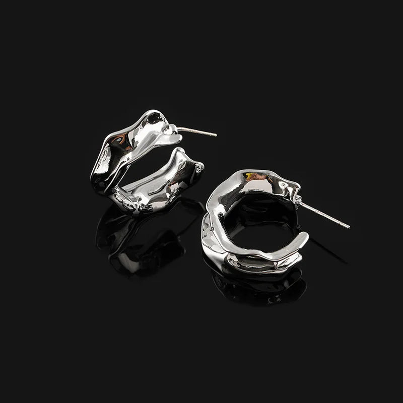 Irregular Crumpled Silver Alloy Hoop With Spiral Disc Stud & Clip On No Piercing Earrings