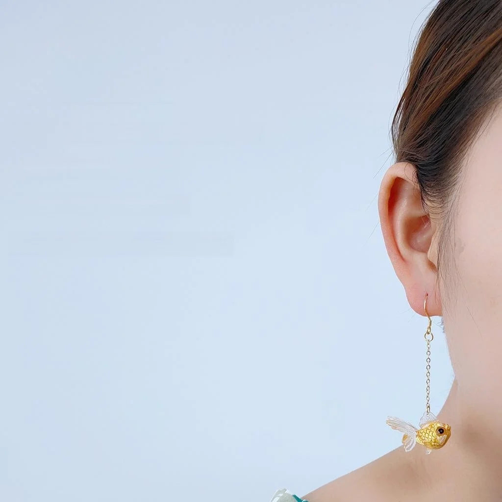 Silver And 14K Gold Plated Resin Goldfish Drop Earrings Asymmetric Japanese Style Jewelry