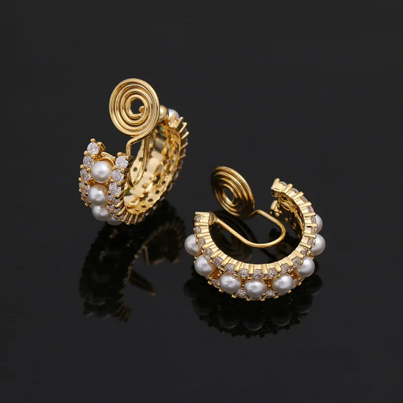 Elegant Gold Alloy Spiral Hoop Pearl Zircon Stud & Clip On No Piercing French Style Earrings