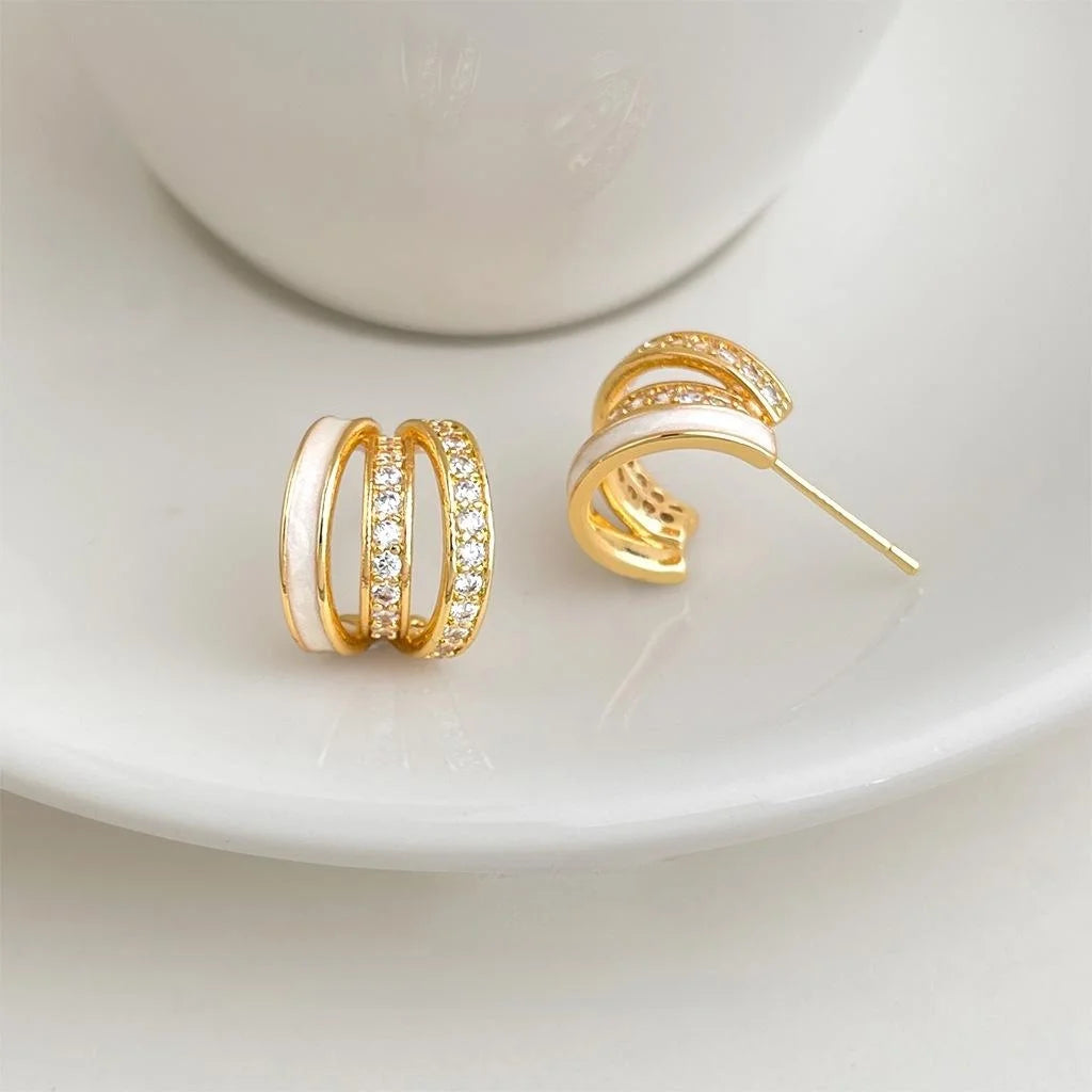 Light Luxury Copper Zircon White Enamel Geometric Round Line Drop Earrings