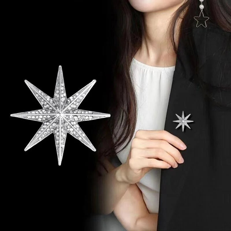 Luxury Rhinestone Eight-Point Starburst Brooch, Silver Tone Alloy Lapel Pin Corsage Suit Accessory Gift