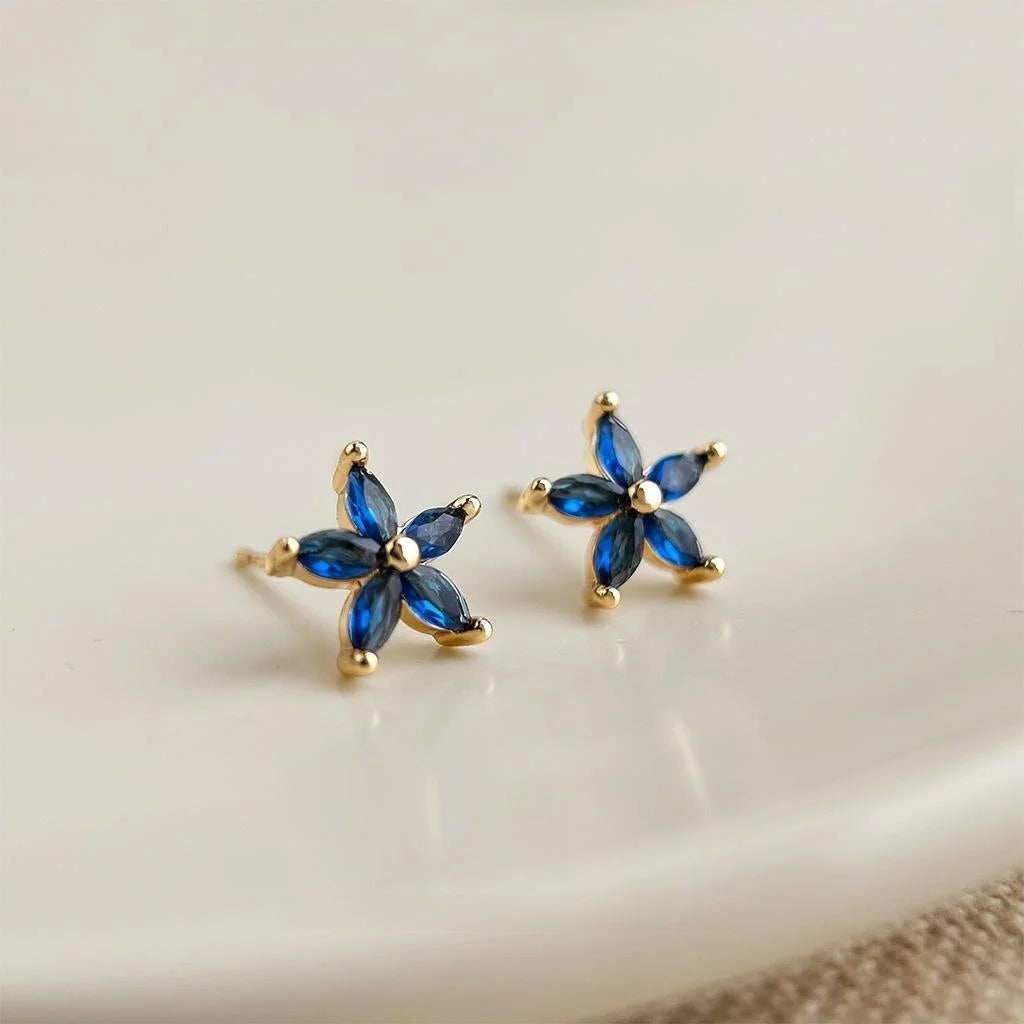 Blue Micro Pave Zircon Flower Stud Earrings For Women, Simple Summer Petal Jewelry
