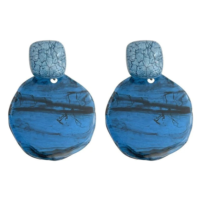 Glacier Blue Resin Round Geometric Drop Earrings, Statement Vacation Style Women's Jewelry