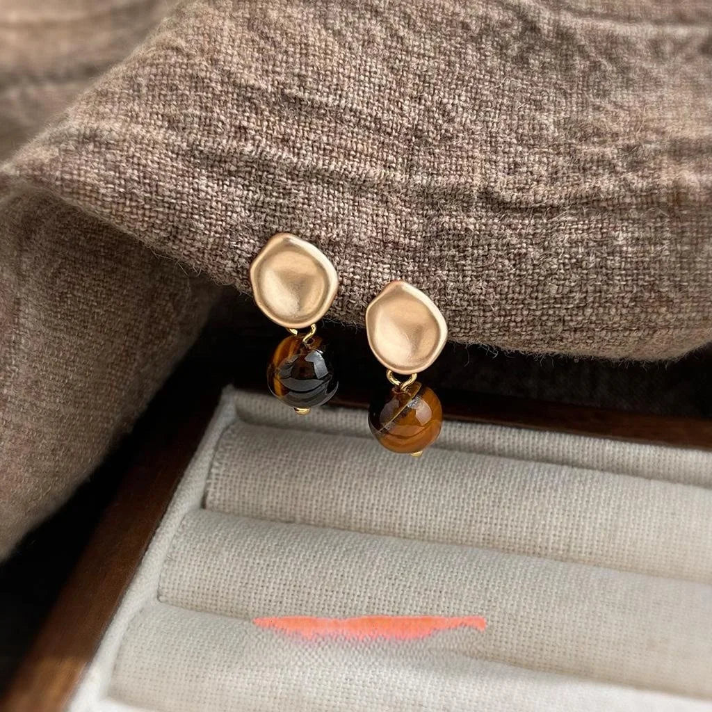 Vintage Maillard Style Tiger Eye Stone Round Geometric Drop Earrings With Copper