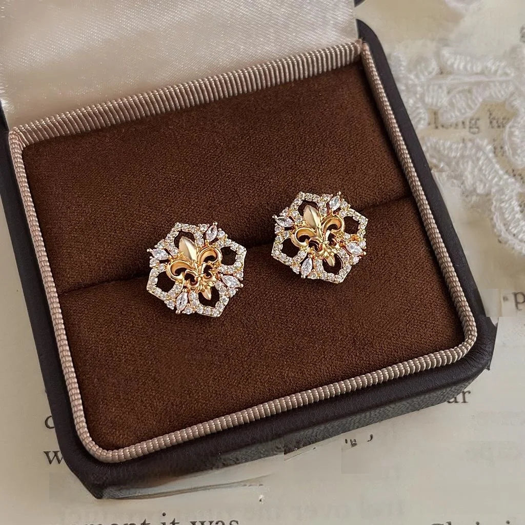 14K Plated Copper Iris Flower Stud Earrings Micro Pave Zircon Luxury Women's Jewelry