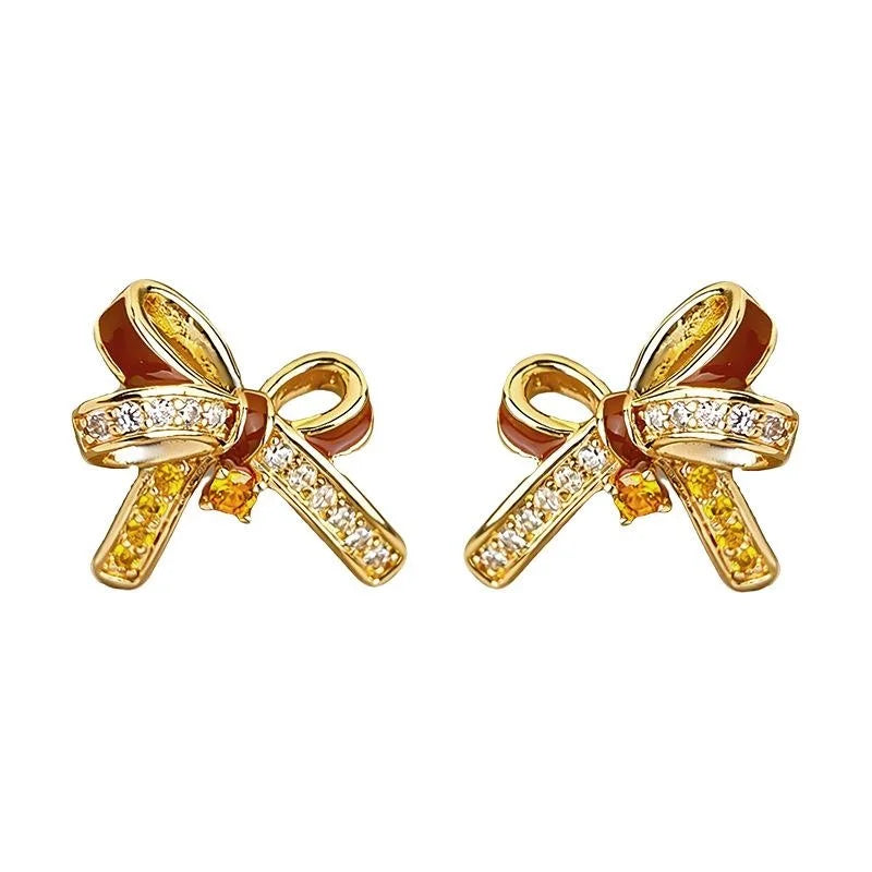 Burgundy Bowknot Micro Pave Zircon Copper Stud Earrings Elegant Fashion Jewelry