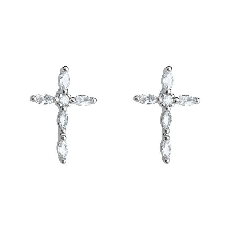 Minimalist Copper Micro Pave Zircon Cross Stud Earrings Geometric Faith Jewelry