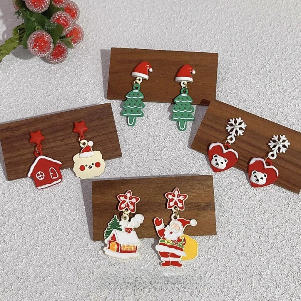 Cute Christmas Alloy Stud Earrings With Silver Plated Pins, Santa Snowflake Cartoon Design