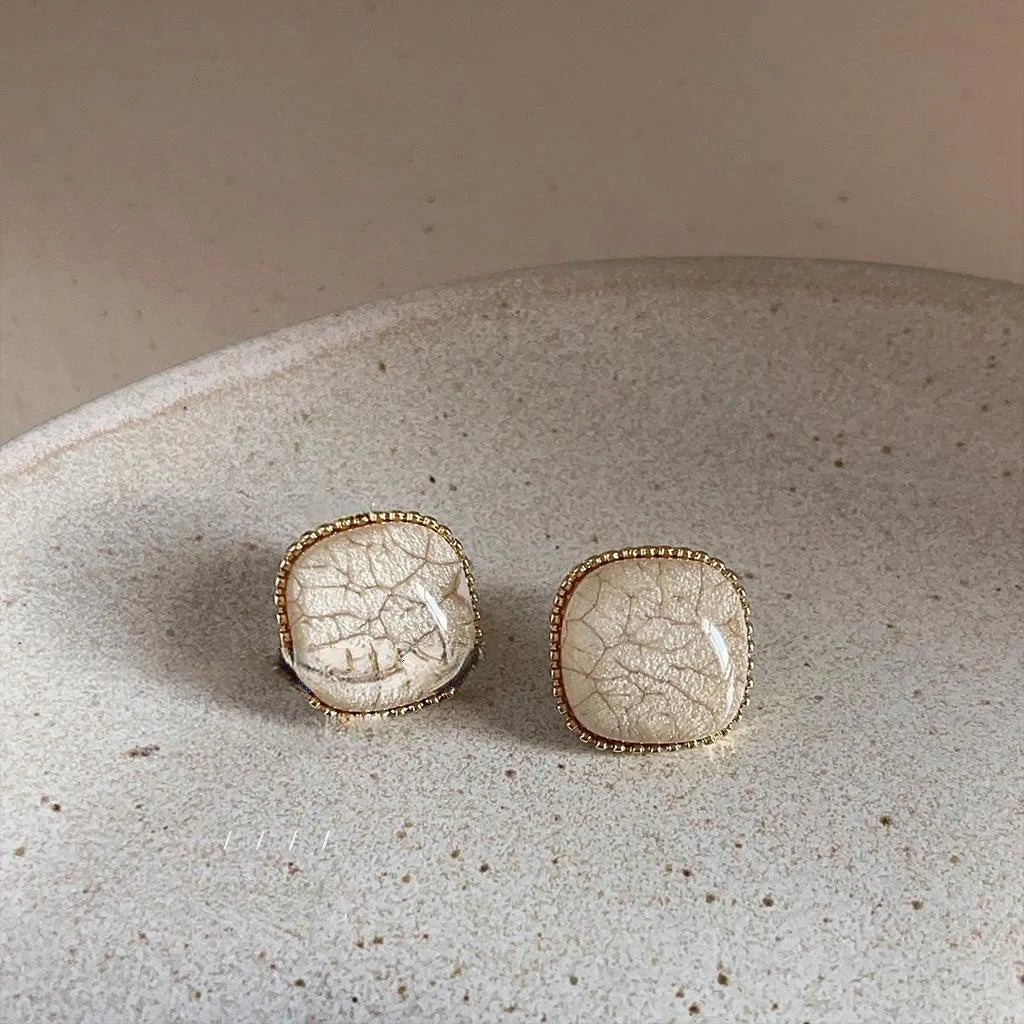 French Vintage 14K Gold Plated Alloy Square Geometric Stud Earrings