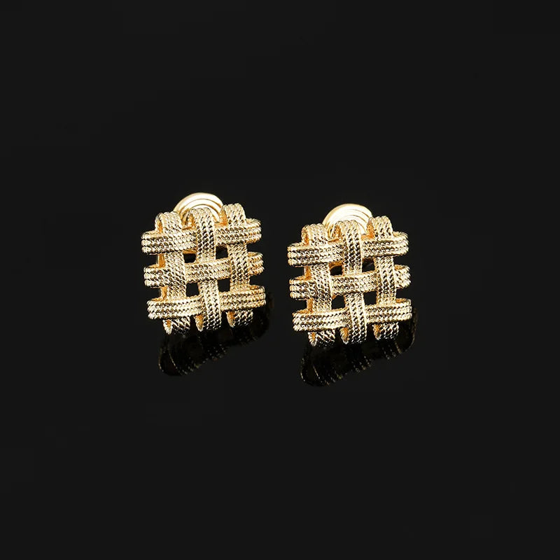 Elegant Gold Alloy Textured Woven Diamond Grid Stud & Clip On No Piercing Fashion Earrings