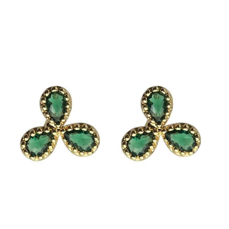 14K Gold Plated Copper Emerald Zircon Lucky Flower Mini Stud Earrings Simple Fashion Jewelry
