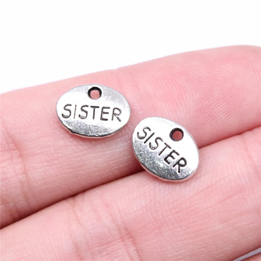 12x9mm 0.8g Antique Silver Zinc Alloy Sister Word Tag Letter Charm Pendant for DIY Bracelet Jewelry Making
