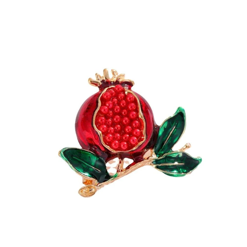 Elegant Enamel Alloy Pomegranate Brooch With Green Leaves, Fruit Lapel Pin Corsage Suit Sweater Accessory Gift