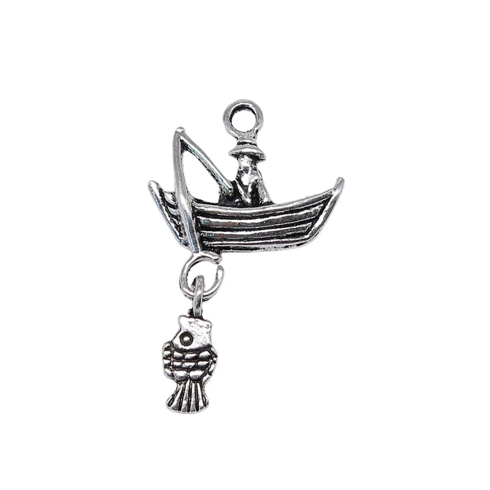 29x18mm 1.6g Antique Silver Zinc Alloy Fishing Boat Fish Charm Pendant for DIY Ocean Jewelry Making