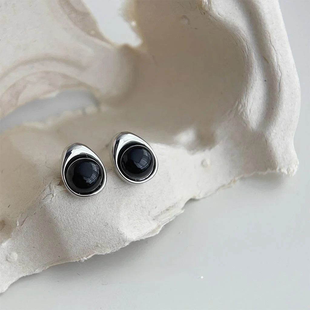 Black Agate Geometric Teardrop Stud Earrings For Women, Copper Minimalist Versatile Jewelry