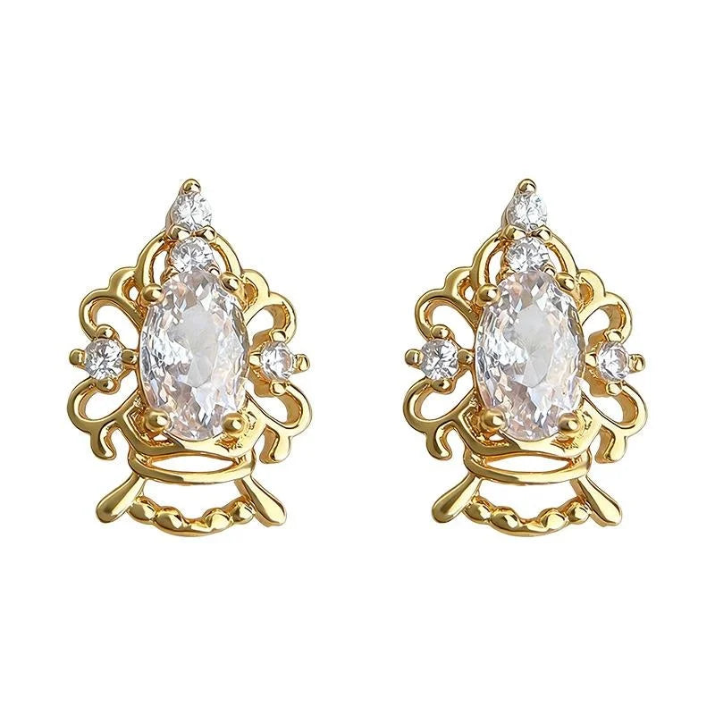 Light Luxury Copper Zircon Crown Stud Earrings For Women Minimalist Geometric Line Jewelry