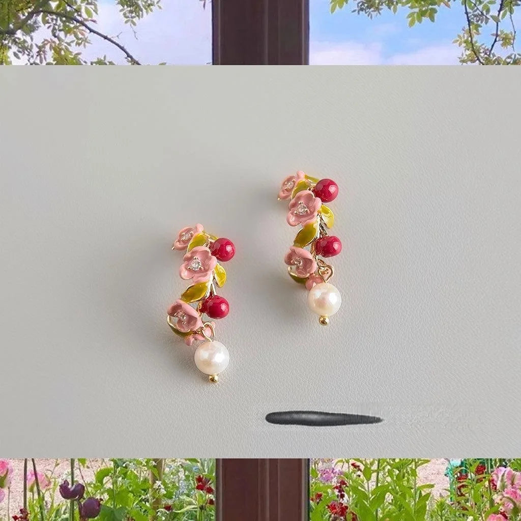 Original Design Floral Enamel Painted Copper Freshwater Pearl Pastoral Drop Earrings for Women