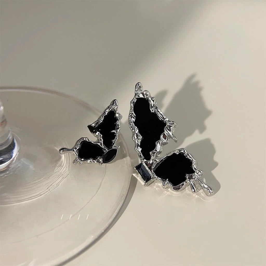 Sweet Cool Asymmetric Black Butterfly Zircon Stud Earrings With Silver Plated Posts