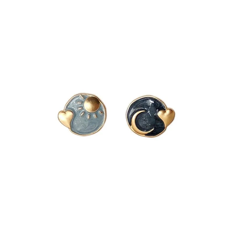 Korean Japanese Retro Alloy Sun Moon Stud Earrings Asymmetric Starry Sky Heart Oil Drip