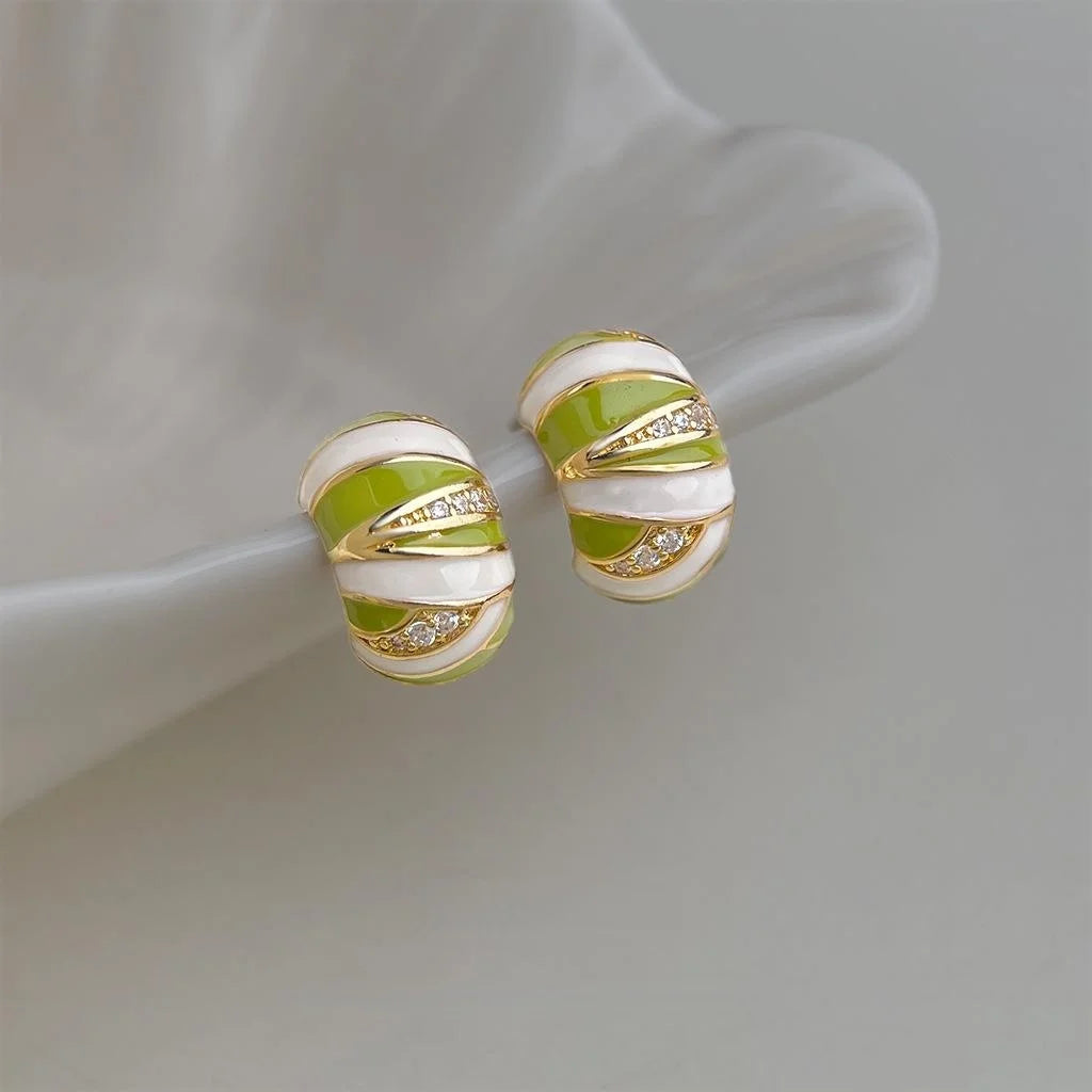 Green Zircon Micro Pave Copper C Shaped Hoop Earrings Geometric Line Commuter Jewelry