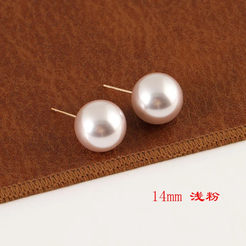 Large Light Pink Round Pearl Stud & Clip On No Piercing Elegant Minimalist 14mm Women's Earrings