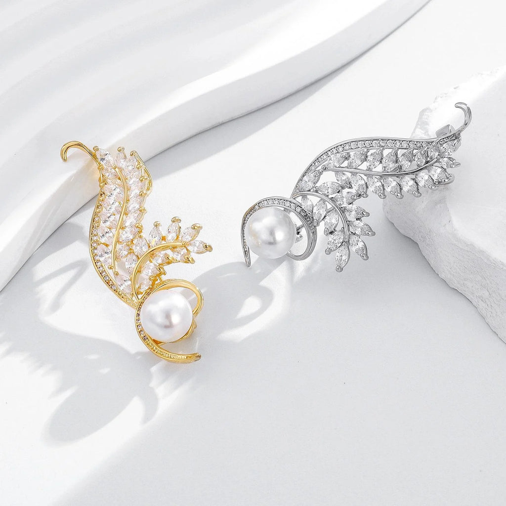 Elegant Angel Wing Pearl And Zircon Brooch Gold Tone Rhinestone Lapel Pin Corsage Suit Accessory Gift