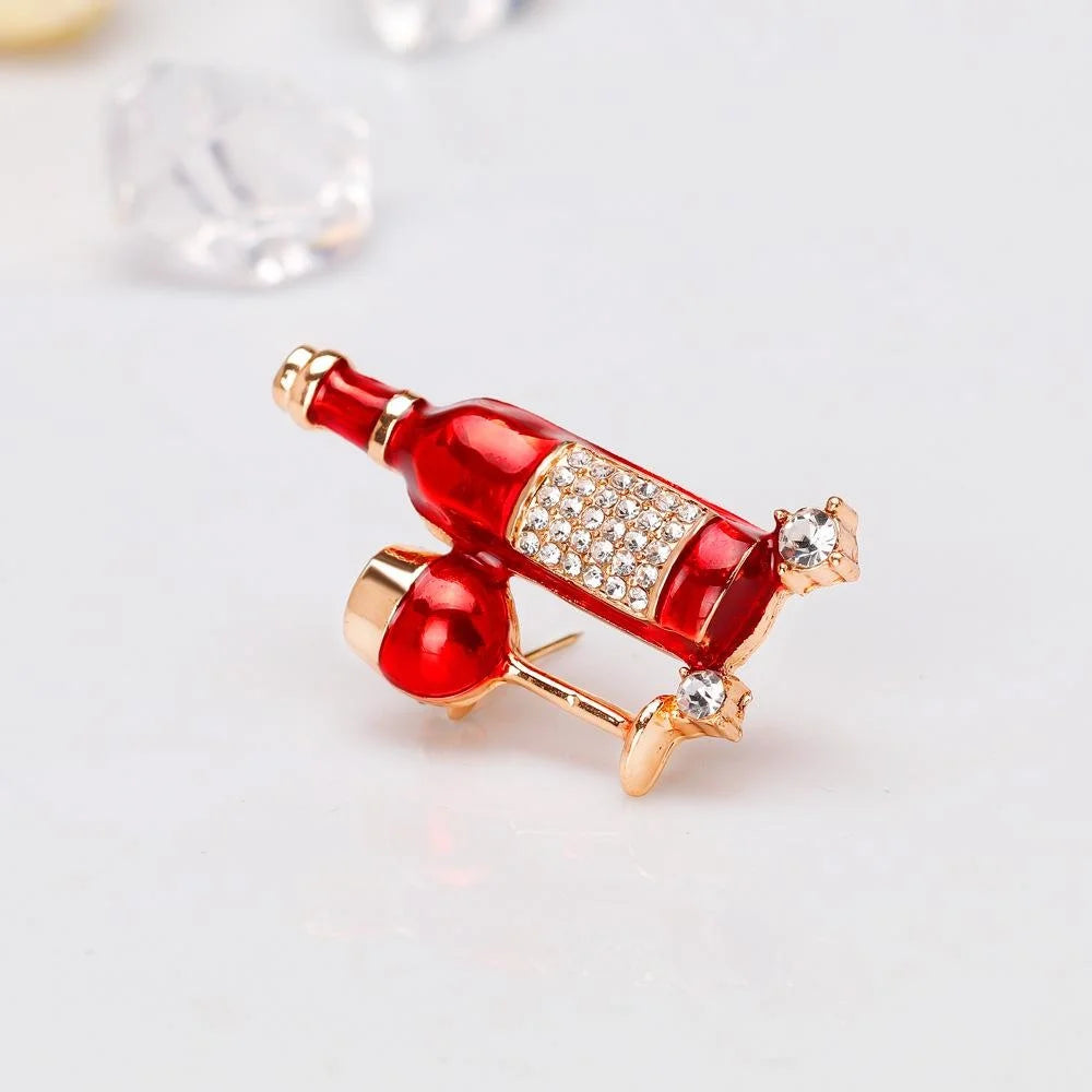 Luxury Enamel Rhinestone Wine Bottle And Glass Alloy Brooch, Elegant Creative Lapel Pin Suit Accessory