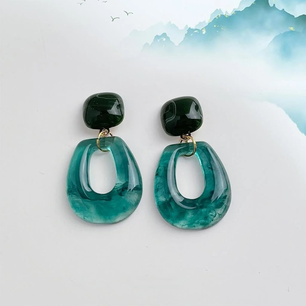 Vintage Green Geometric Acrylic Stud Earrings Handmade Gradient Round Artistic Jewelry