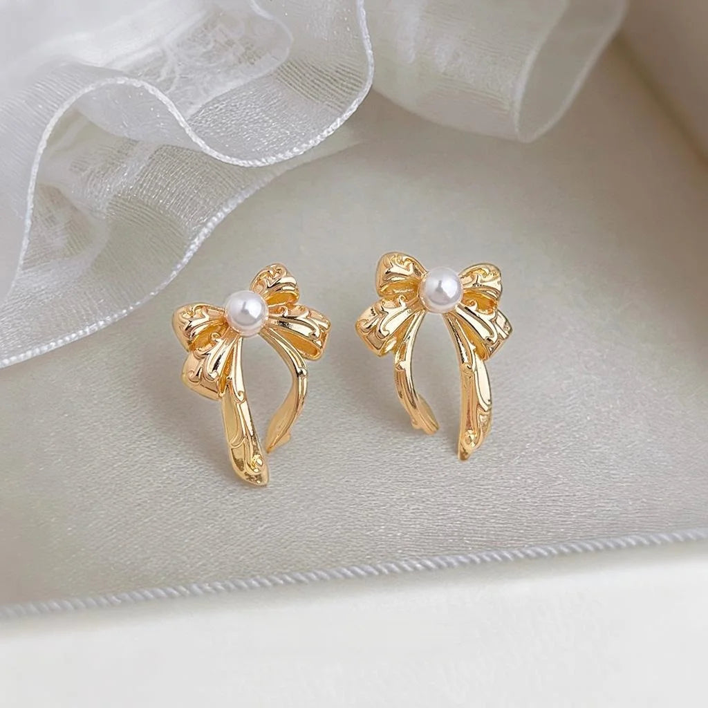 Elegant Copper Pearl Bow Stud Earrings, Sweet Minimalist Designer Office Jewelry