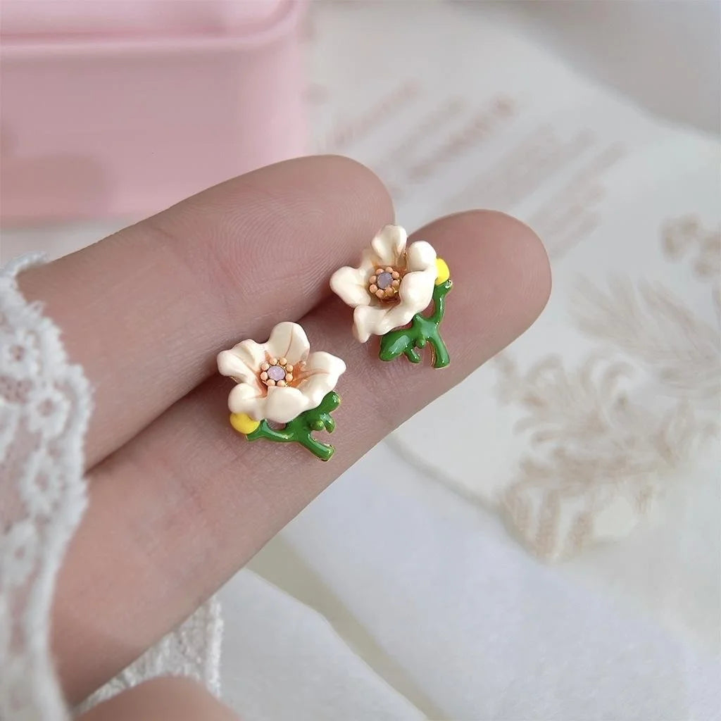Eco Copper 14K Plated Enamel Flower Stud Earrings Forest Style Sweet Floral Jewelry