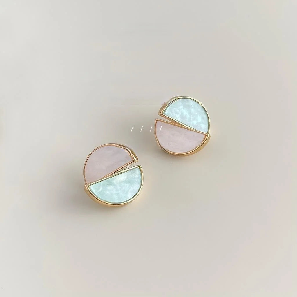 14K Gold Plated Copper Asymmetric Two Tone Round Geometric Stud Earrings Sweet Designer Jewelry