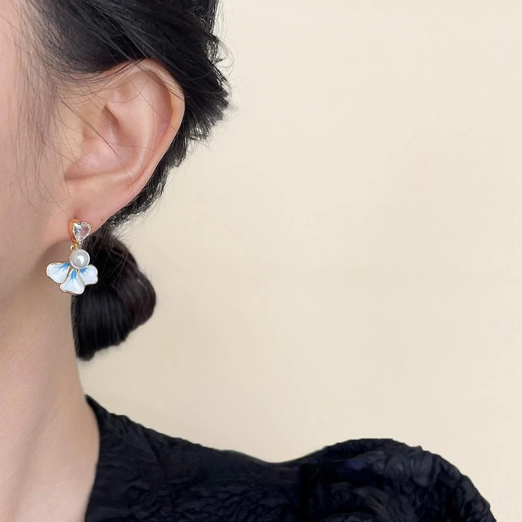 14K Plated Iris Flower Drop Earrings With Micro Pave Zircon And Glass Pearl Sweet Floral Jewelry