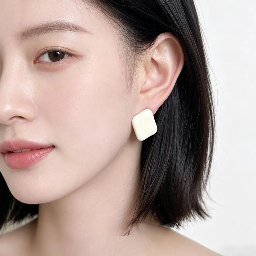 French Vintage Asymmetric Geometric Enamel Square Copper Stud Earrings For Women