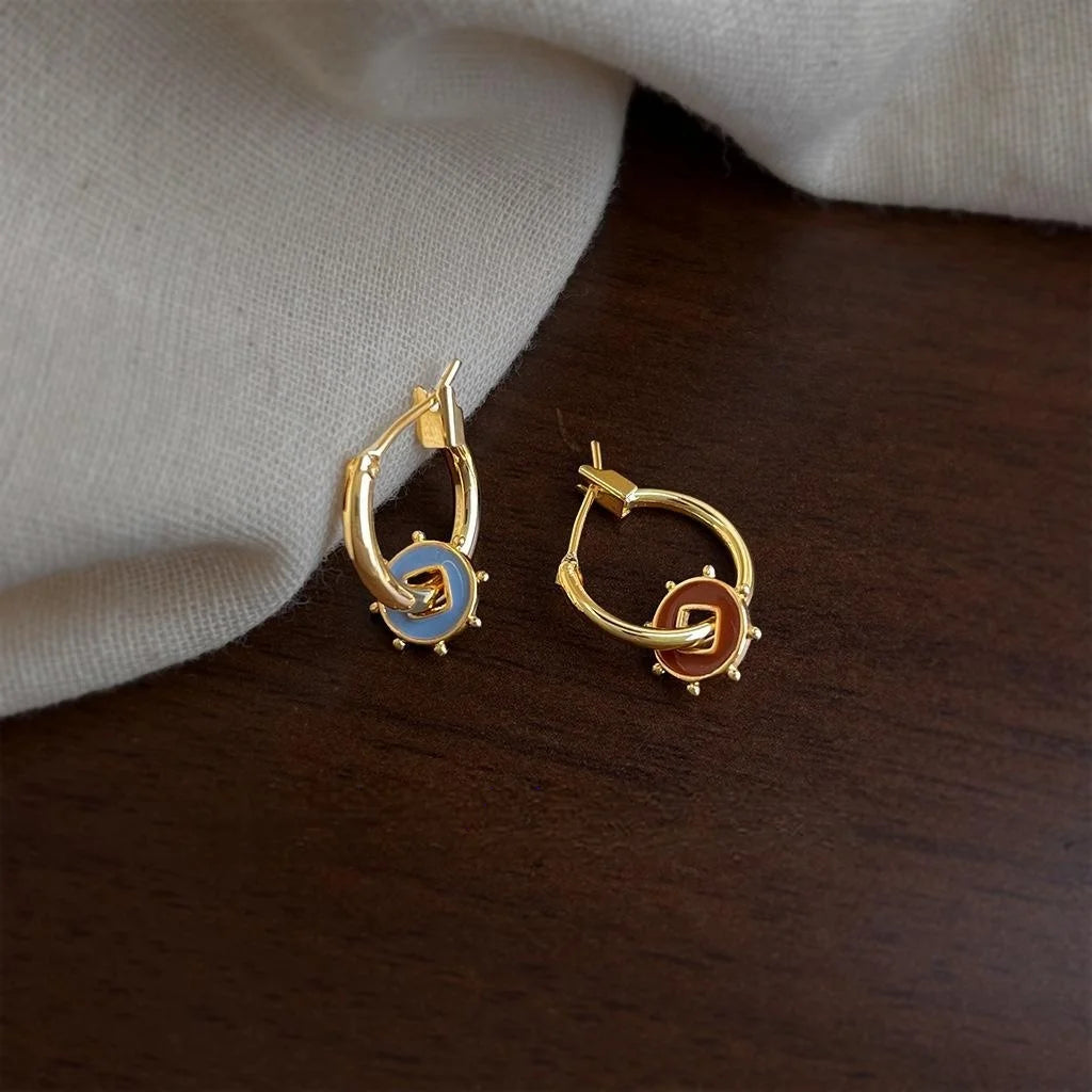 Light Luxury Asymmetric Copper Drip Glaze Geometric Circle Drop Earrings, New Chinese Style