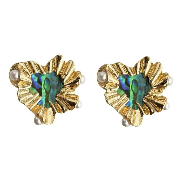 14K Gold Plated French Vintage Irregular Heart Abalone Shell Pearl Stud Earrings