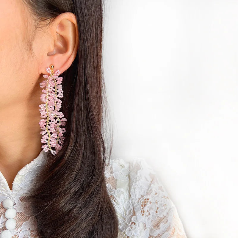 Elegant Pink Flower Beaded Long Tassel Alloy Stud & Clip On No Piercing Handmade Fringe Earrings