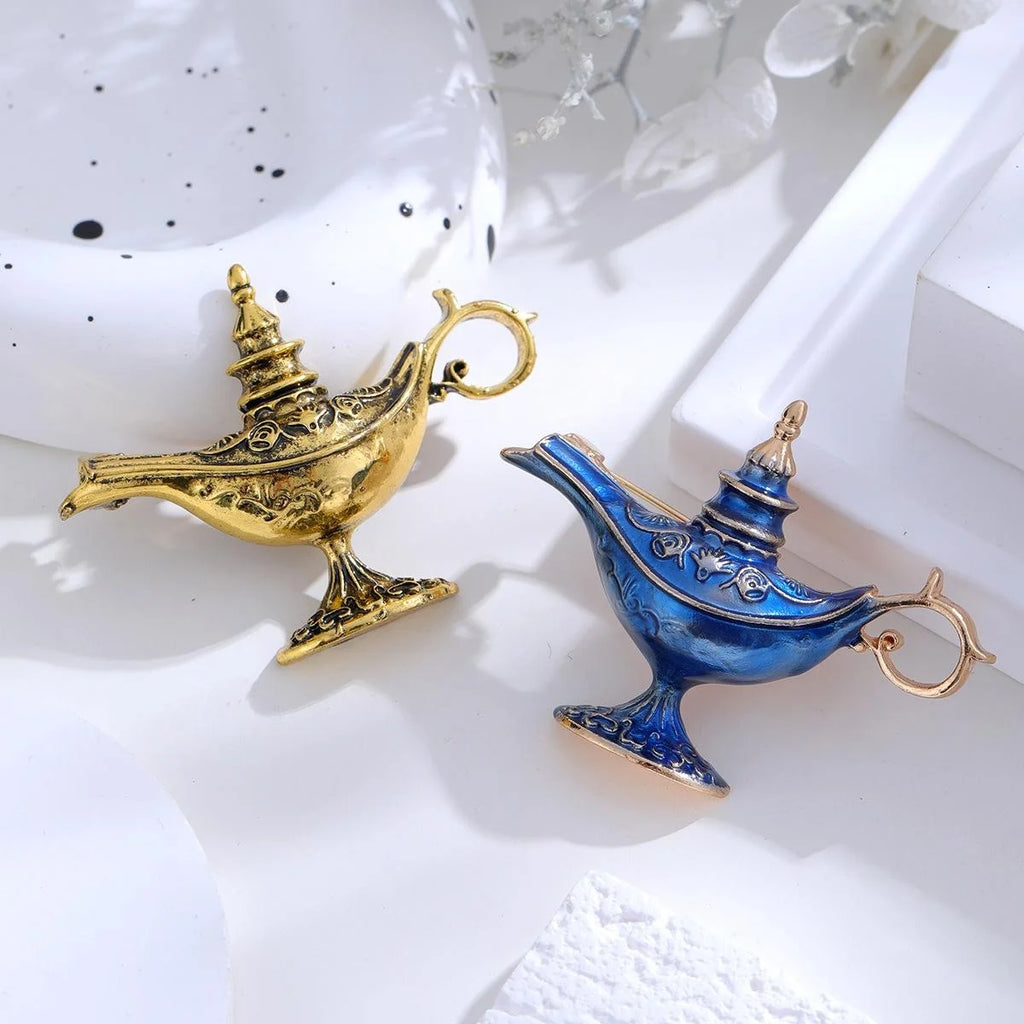 Vintage Exotic Aladdin Magic Lamp Enamel Alloy Brooch, Creative Mini Lapel Pin For Shirt Collar Gift