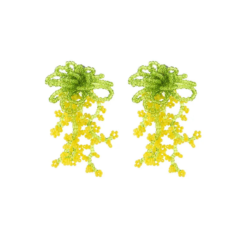 Green And Yellow Crystal Beaded Flower Tassel Stud & Clip On No Piercing Statement Drop Earrings